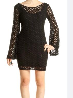 Free People Gypsy Black Crochet Bell Sleeve Mini Dress Small